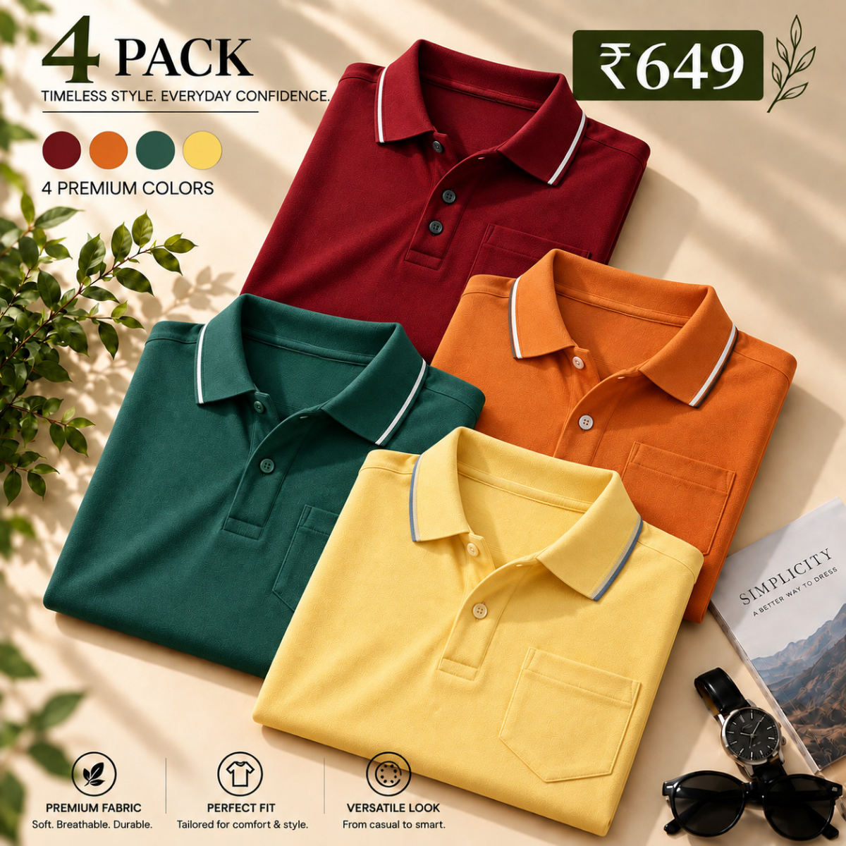 4 Pack Men’s Classic Polo T-Shirts | Everyday Style ( C9 )