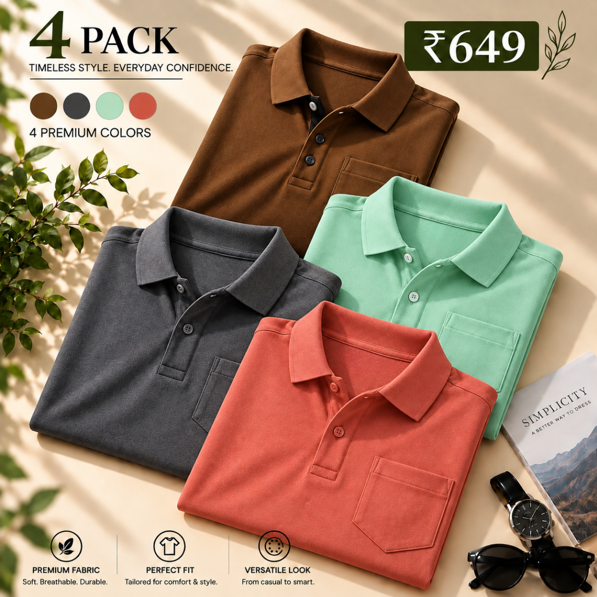 4 Pack Men’s Classic Polo T-Shirts | Everyday Style ( C5 )